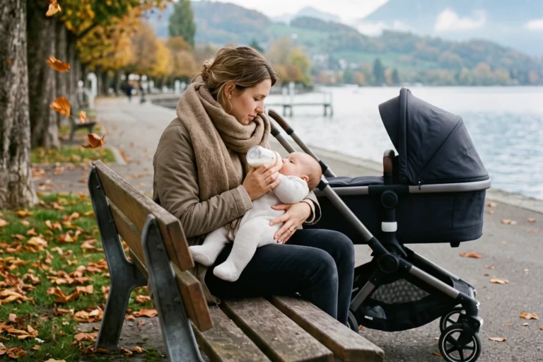 Flaschenwärmer mit Akku und Babyflasche auf einer Parkbank, im Hintergrund ein Kinderwagen