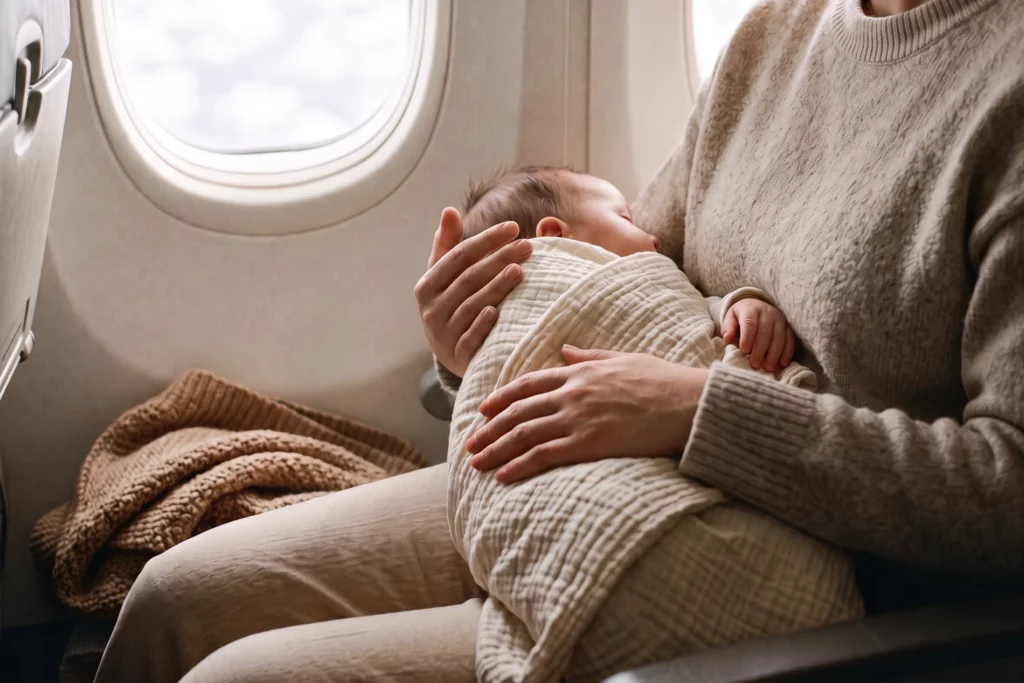 Mutter gibt ihrem Baby im Flugzeug das Fläschchen