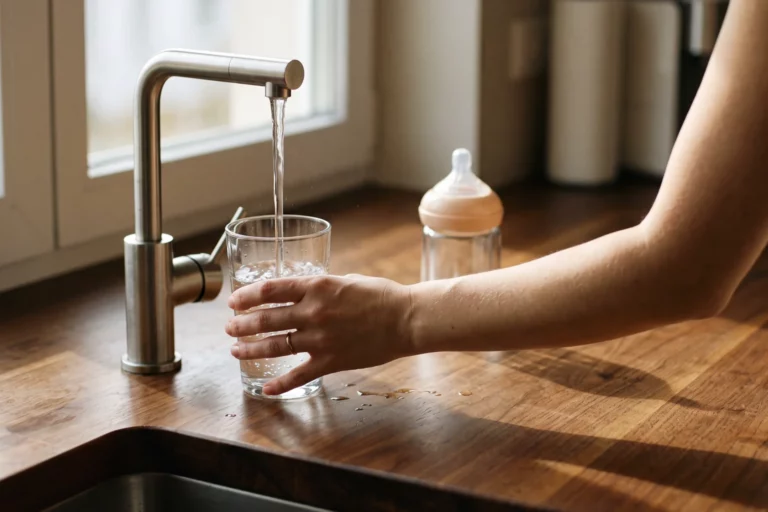Wasser wird in eine Babyflasche aus Glas gegossen
