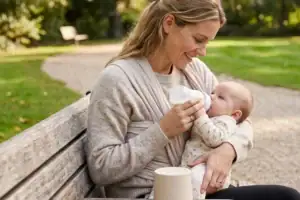 Mutter gibt ihrem Baby auf einer Parkbank den Schoppen