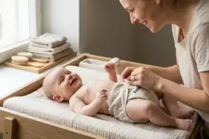 Mutter wickelt ihr lachendes Baby auf dem Wickeltisch