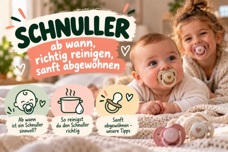 Kleinkind mit blauem LIINI Schnuller sitzt im Kinderzimmer vor Spielsachen