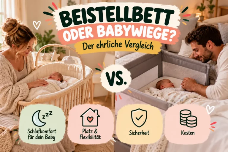 Mutter beugt sich tagsüber über die LIINI Babywiege mit Moseskorb, in der ihr Baby liegt