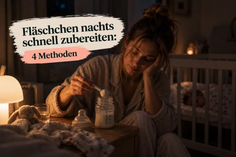 Nachtstation mit Babyflasche auf dem Nachttisch, im Hintergrund schlafen Mutter und Baby