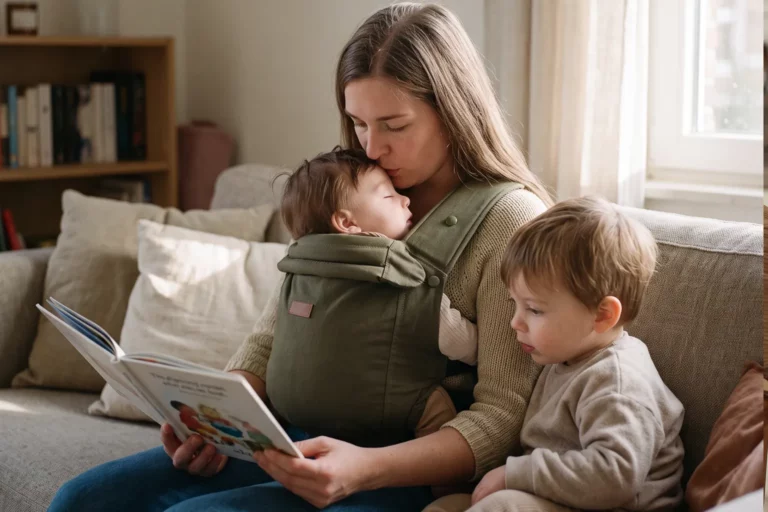 Mutter mit Baby in der LIINI Babytrage olive