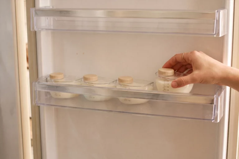 Behälter mit abgepumpter Muttermilch in der Kühlschranktür