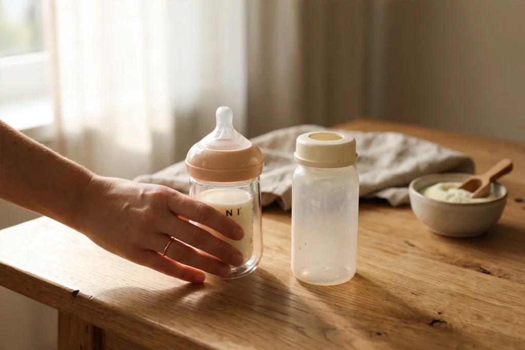 Babyflasche aus Doppelglas mit Milch auf einem Tisch