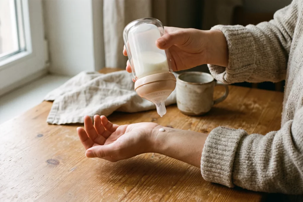 Babyflasche im Flaschenwärmer mit Thermometer zur Temperaturkontrolle